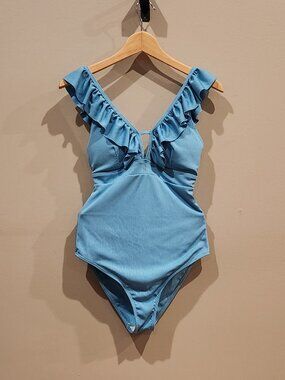 Blue Ruffle One Piece Swimsuit Women's Medium V Neck Swimwear